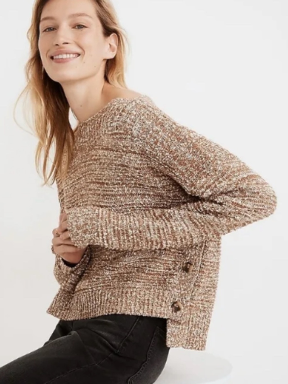 Madewell Boatneck Side-Button Sweater Marled Acorn Knit Chunky Boxy, XL